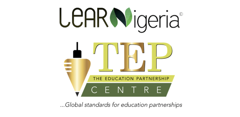 Learn Nigeria logo showing the black writing ‘leARNigeria’ on a white background. The letter ‘N’ is made of 3 green leaves. TEP logo shows a golden and black pencil followed by the golden and light green writing ‘TEP’ on top of the black writing ‘THE EDUCATION PARTNERSHIP’ highlighted in green. This writing is in turn on top of the white writing ‘CENTRE’ highlighted in green. At the bottom of this logo, you can read the small black writing ‘…Global standards for education partnership’ on a white background.
